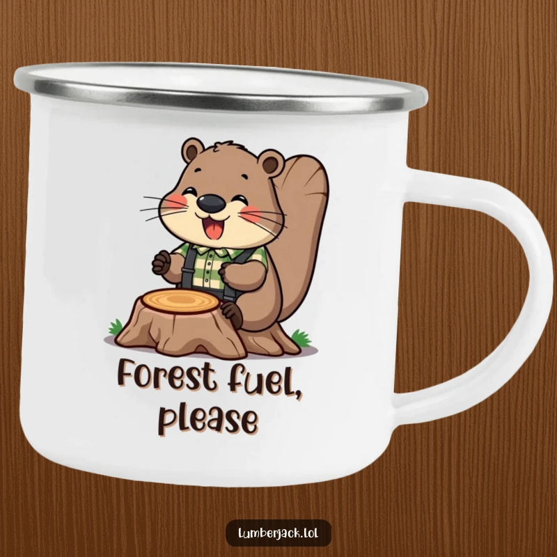 Funny camping mug showcasing a cheerful beaver in a plaid shirt and suspenders, humorously working on a tree stump. Outdoor-ready humor.