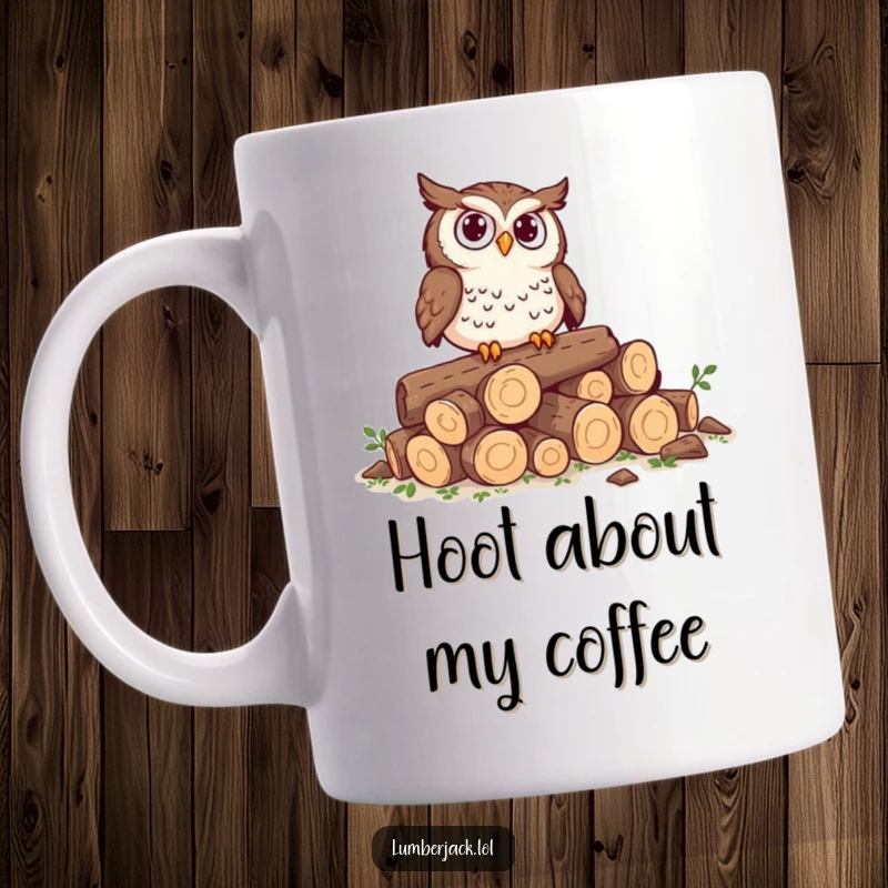 Funny mug showing a curious owl perched on tiny logs, looking utterly perplexed, a humorous and wise woodland creature scene.