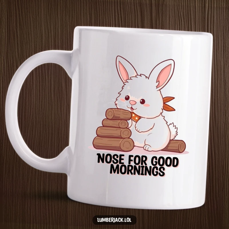 Funny mug showing a fluffy rabbit in a bandana struggling to stack logs with its nose, a humorous woodland animal scene.