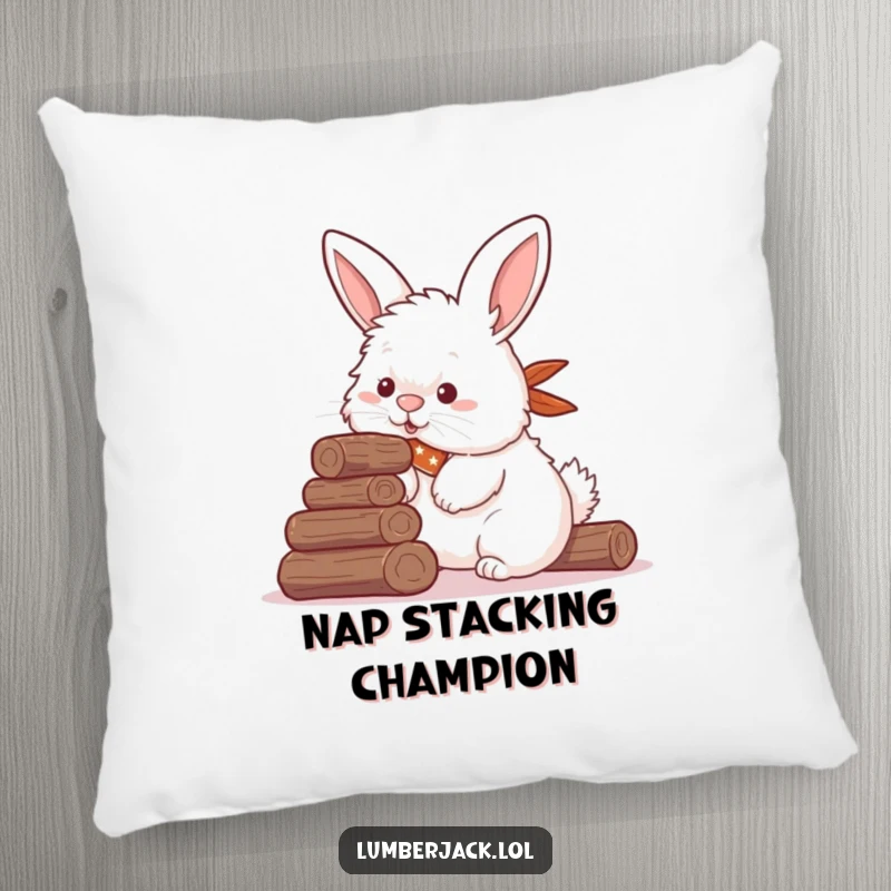 Funny pillow with a fluffy rabbit in a bandana humorously stacking logs with its nose, a soft and comical accent for any room.