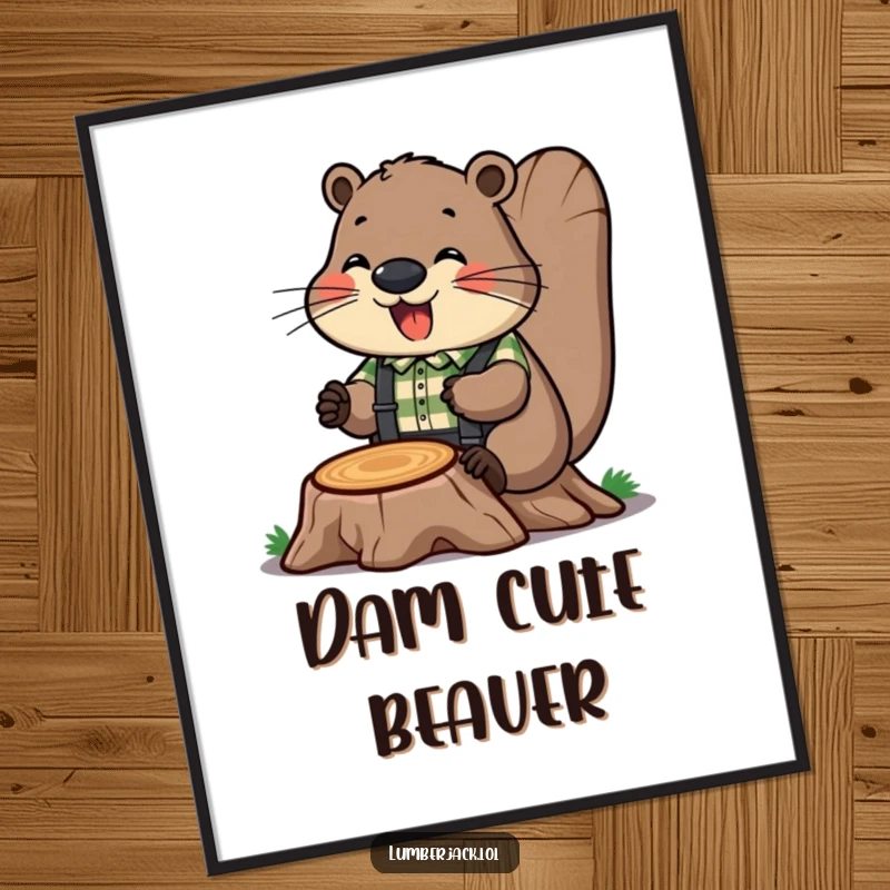Funny digital art print of a cheerful beaver in a plaid shirt and suspenders, humorously working on a tree stump. Instant charm.