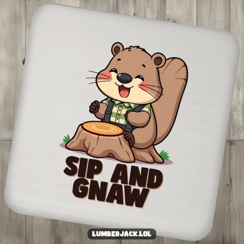 Funny drink coaster depicting a cheerful beaver in a plaid shirt and suspenders, humorously working on a tree stump. Protective and fun.