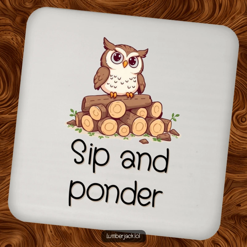 Funny drink coaster with a curious owl perched on tiny logs, looking perplexed, a charming and protective accessory.