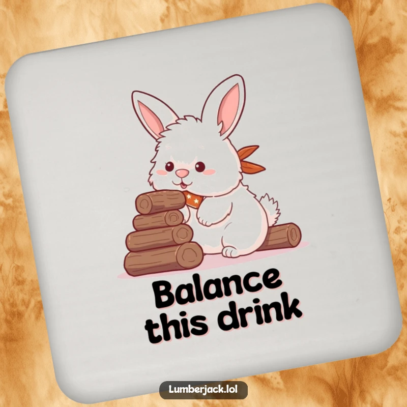 Funny drink coaster with a fluffy rabbit in a bandana humorously stacking logs with its nose, a charming and protective accessory.