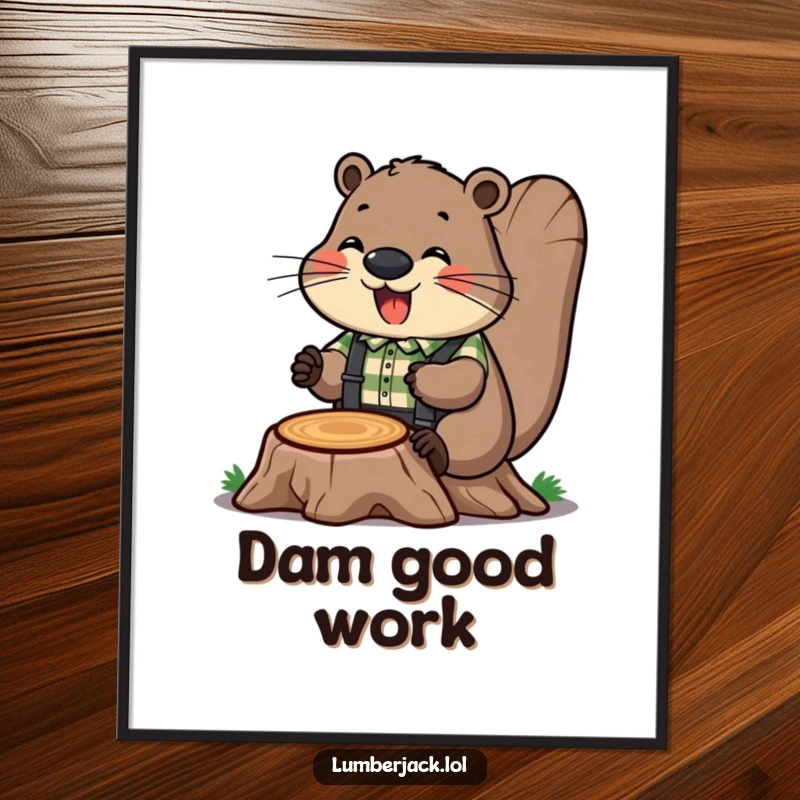 Funny poster of a cheerful beaver in a plaid shirt and suspenders, humorously gnawing on a tree stump. Whimsical wall art.