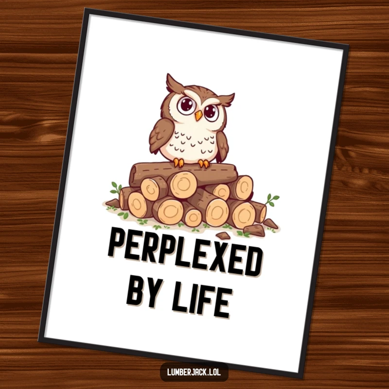 Funny poster showcasing a curious owl perched on tiny logs, looking perplexed, a whimsical and humorous woodland animal art print.