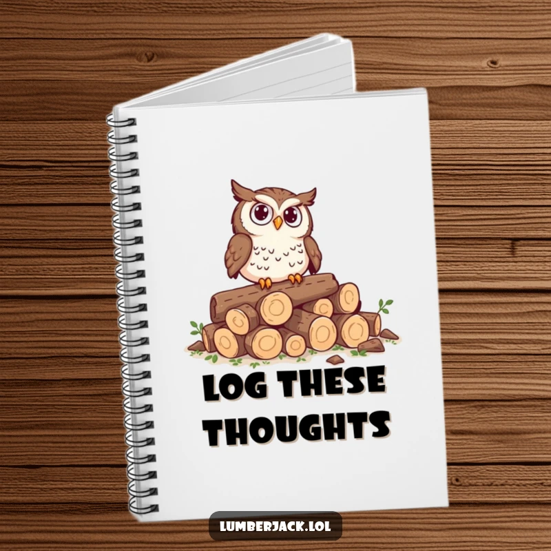 Funny notebook cover featuring a curious owl perched on tiny logs, looking perplexed, a whimsical and thoughtful stationery item.