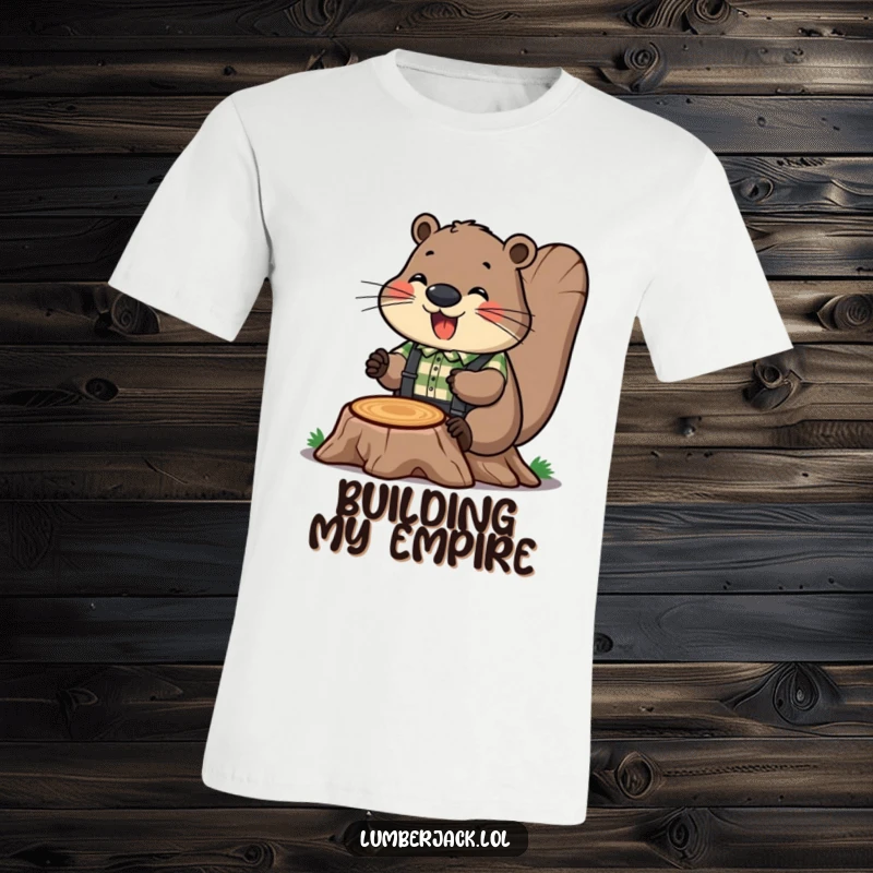 Funny t-shirt of a cheerful beaver in a plaid shirt and suspenders, humorously working on a tree stump. A busy beaver design.