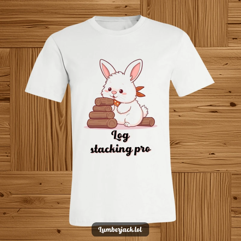 Funny t-shirt featuring a fluffy rabbit in a bandana, comically attempting to stack logs with its nose, a cute and funny animal design.
